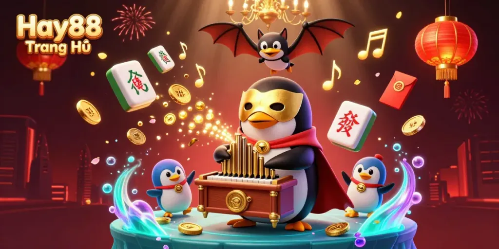 Experience the vibrant Hay88 Trang Chủ as a cartoon penguin plays an organ shooting gold coins.