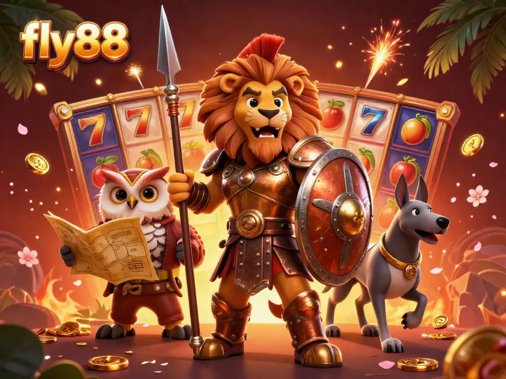 Engage with fly88 in an action-packed casino scene featuring a Spartan lion, owl strategist, and greyhound messenger surrounded by slot game symbols and festive elements.
