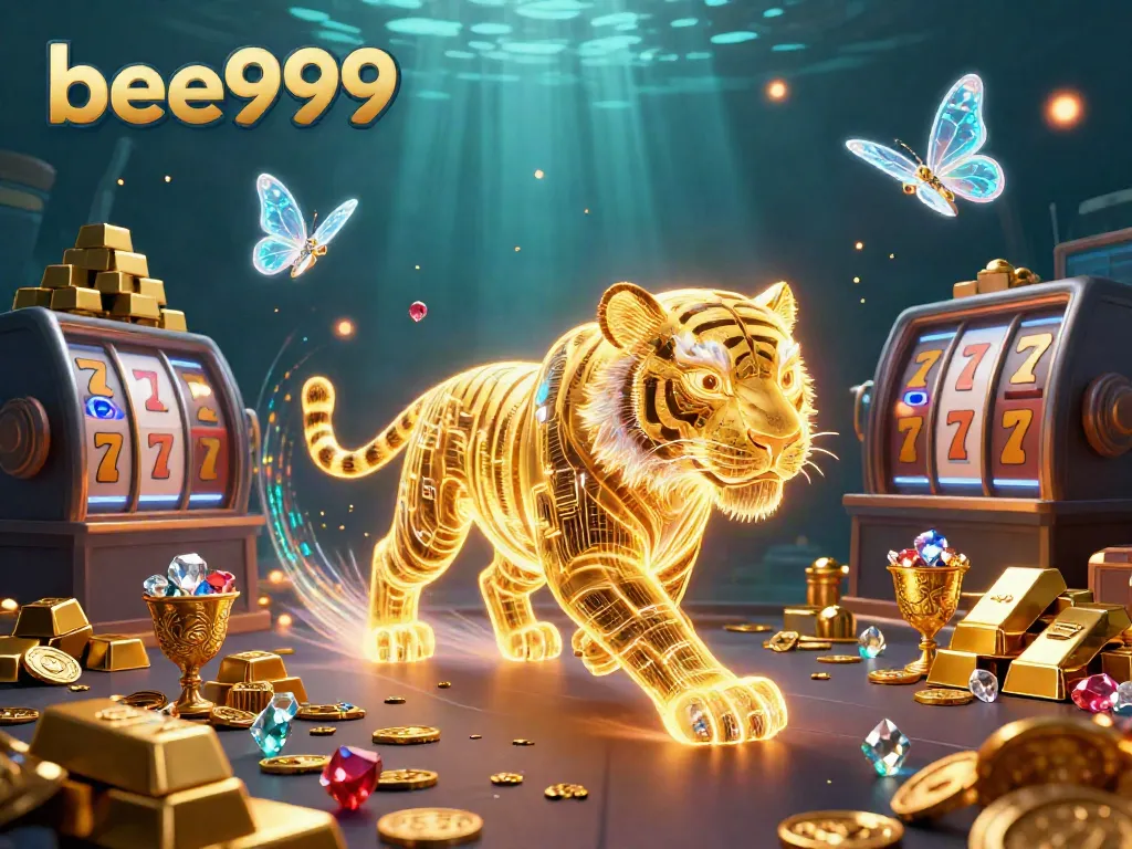 Engage with bee999 through vibrant slot gaming, featuring a golden tiger in a dazzling casino.