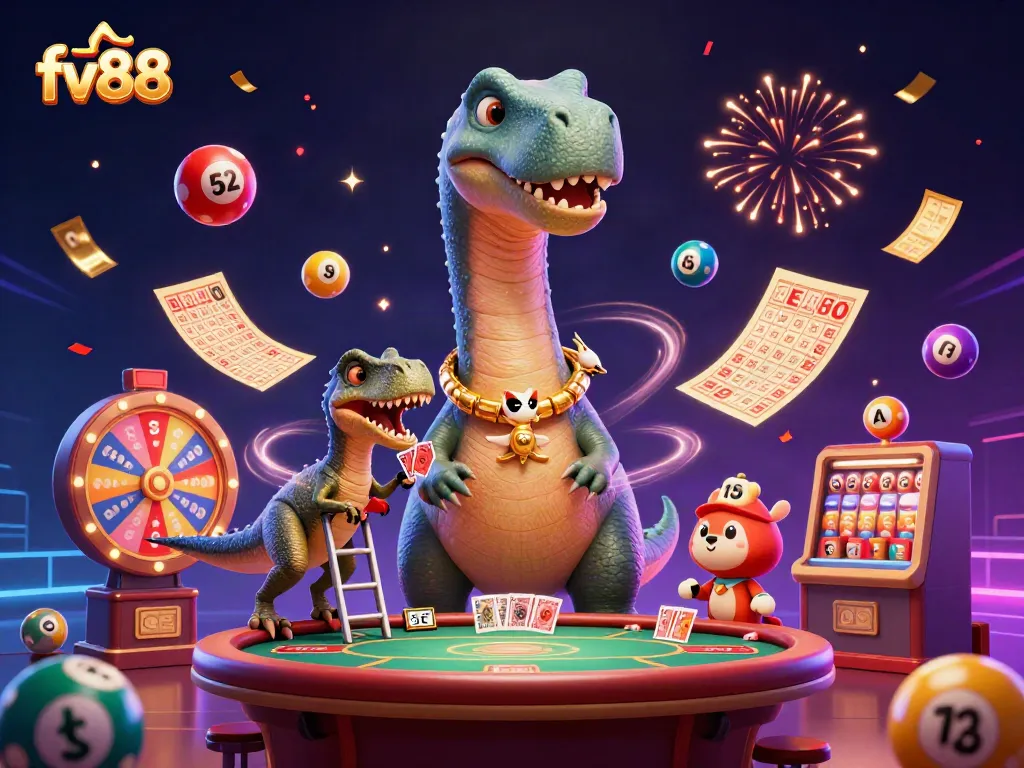 Engage in the fun at fv88 with a colorful dynamic casino scene featuring a giant brontosaurus and a clever raptor!