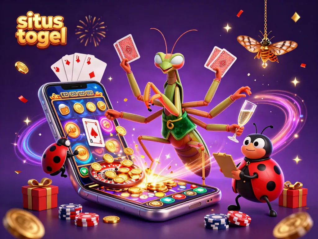 Situs togel illustration featuring a giant mantis card sharp and ladybug pit boss, set in a festive casino atmosphere.
