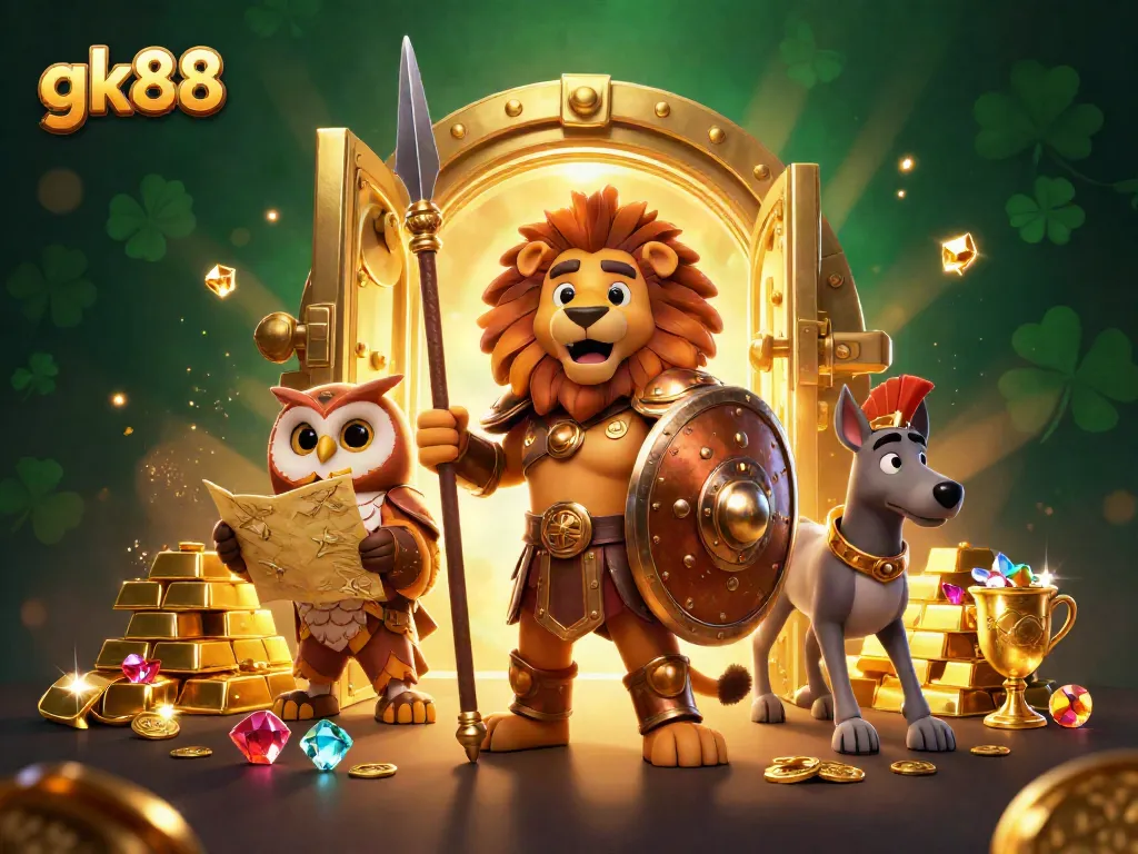 Experience the thrill of gk88 with a vibrant 3D casino scene featuring iconic characters and gleaming treasures.
