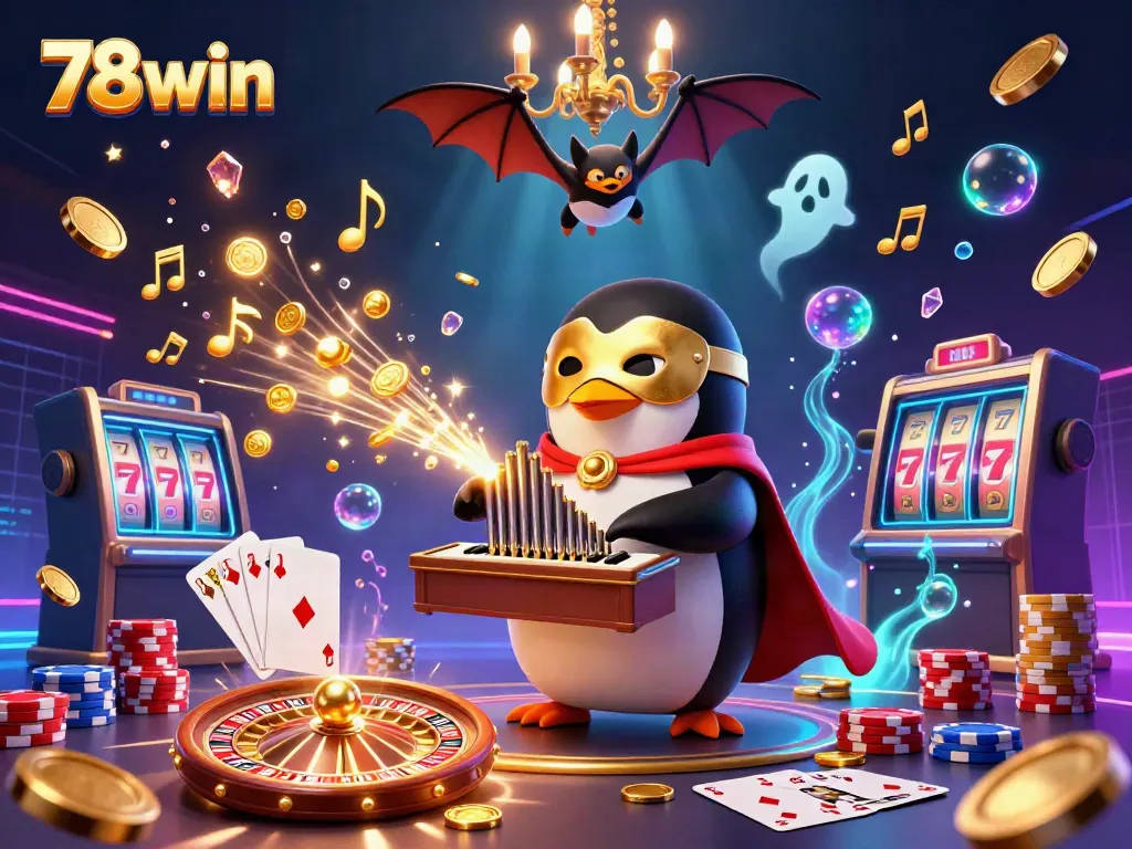 Experience the excitement of 78win with a vibrant 3D casino scene featuring dynamic characters and golden coins.
