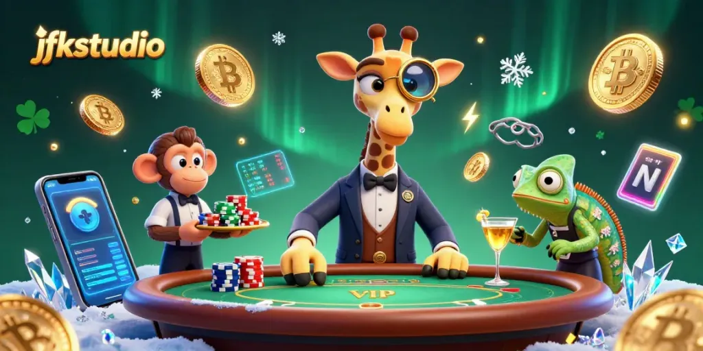 Bet on fun with jfkstudio's vibrant and detailed 3D casino scene, featuring animals and crypto elements.