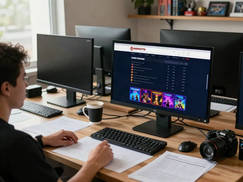 User engaging with bandar togel on HARGATOTO platform at a sleek desktop, showcasing gaming excitement.