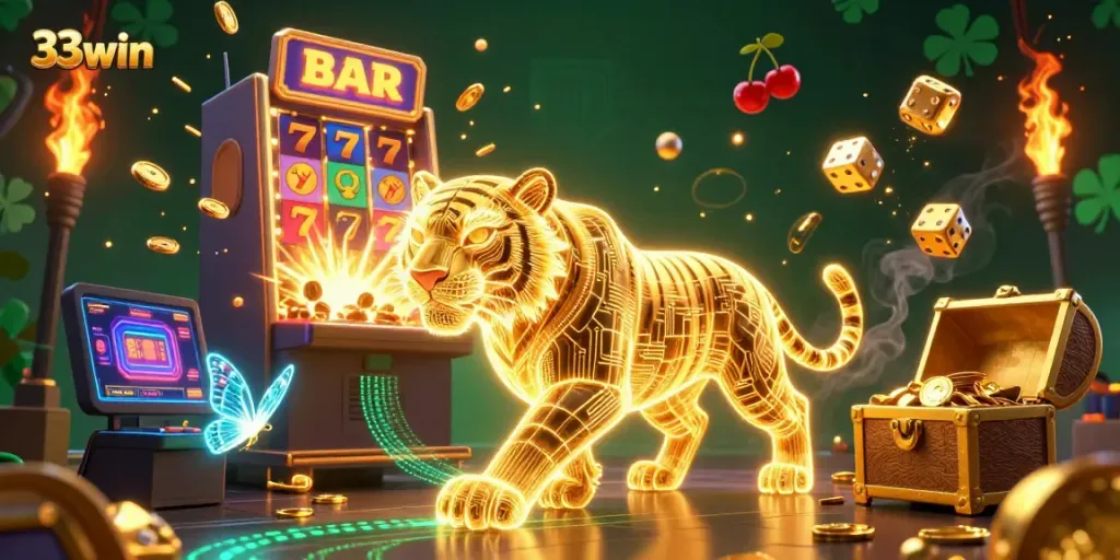Experience the thrill of 33win in this vibrant casino scene with a golden tiger and slot machine.