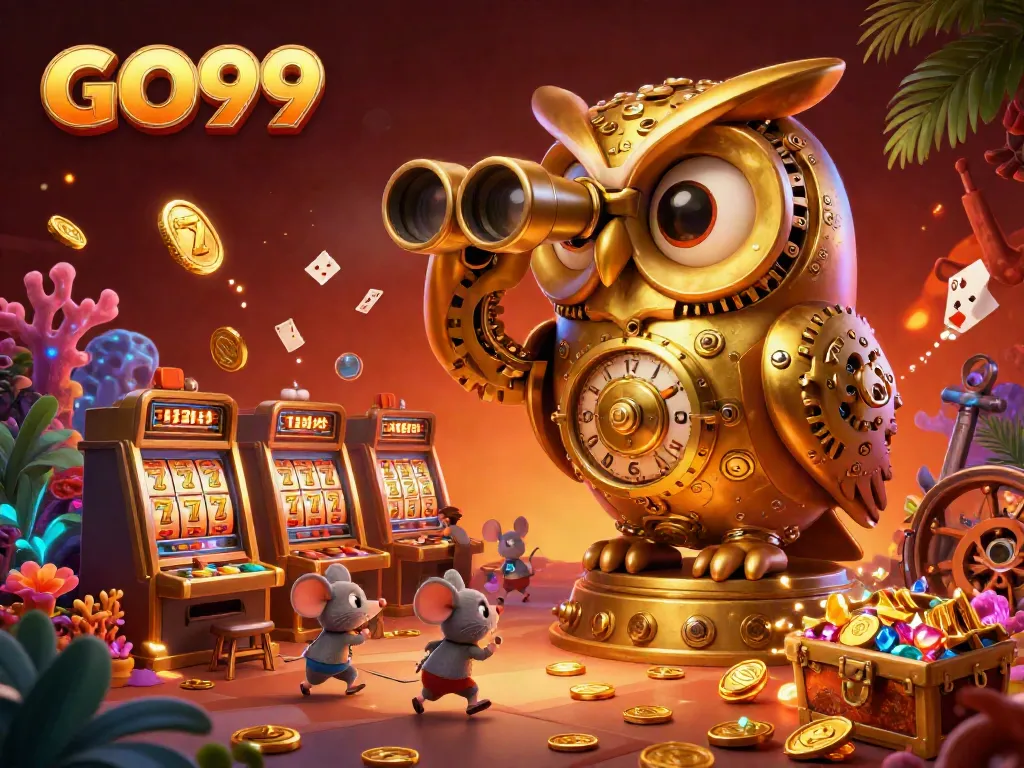 Engage with GO99's vibrant casino floor, featuring a golden owl and lively slot machines.