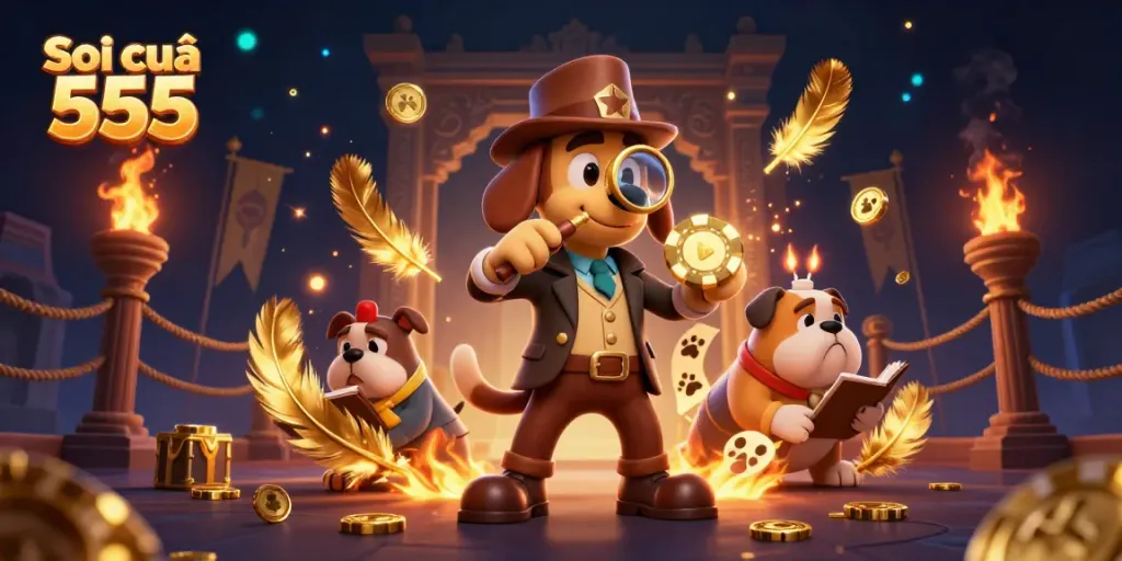 Soi cầu 555 features a detective dog examining poker chip clues amidst a treasure hunt.