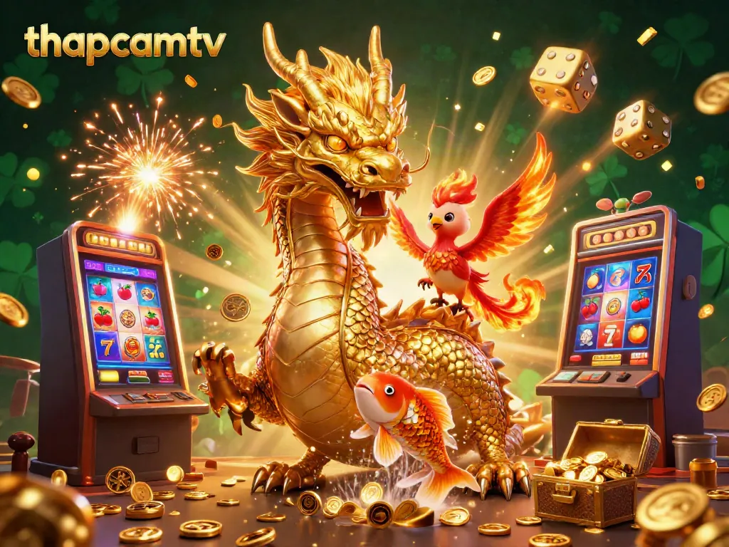 Experience thapcamtv's thrilling casino world with a vibrant dragon, phoenix, and koi fish amidst a jackpot explosion.