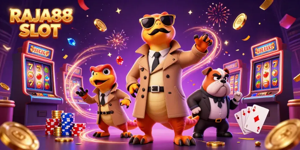 Experience the thrill of RAJA88 SLOT with raptors attempting VIP entry surrounded by slot machines and gold!