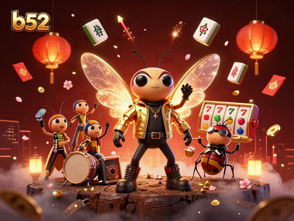 B52-themed casino scene with a cicada rock star, beetle drummer, and dynamic slot game elements