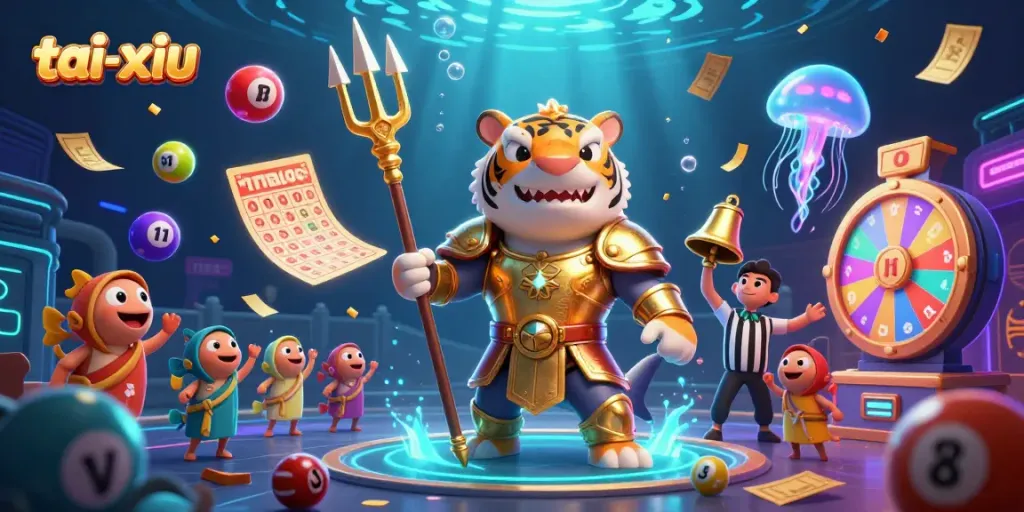 Experience the exhilarating tai-xiu game with a playful shark in gladiator armor, surrounded by vibrant casino elements.