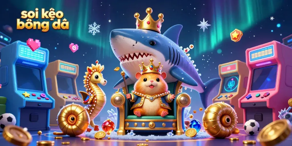 Engage in exhilarating sports betting with soi kèo bóng đá, featuring a fierce golden hamster king on a megalodon throne.