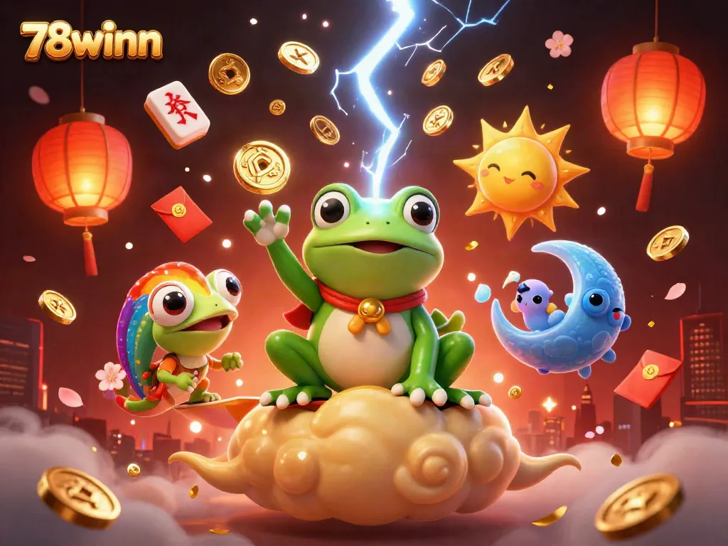Experience thrilling gameplay with 78winn as a wizard frog conjures golden coins in a vibrant casino scene.