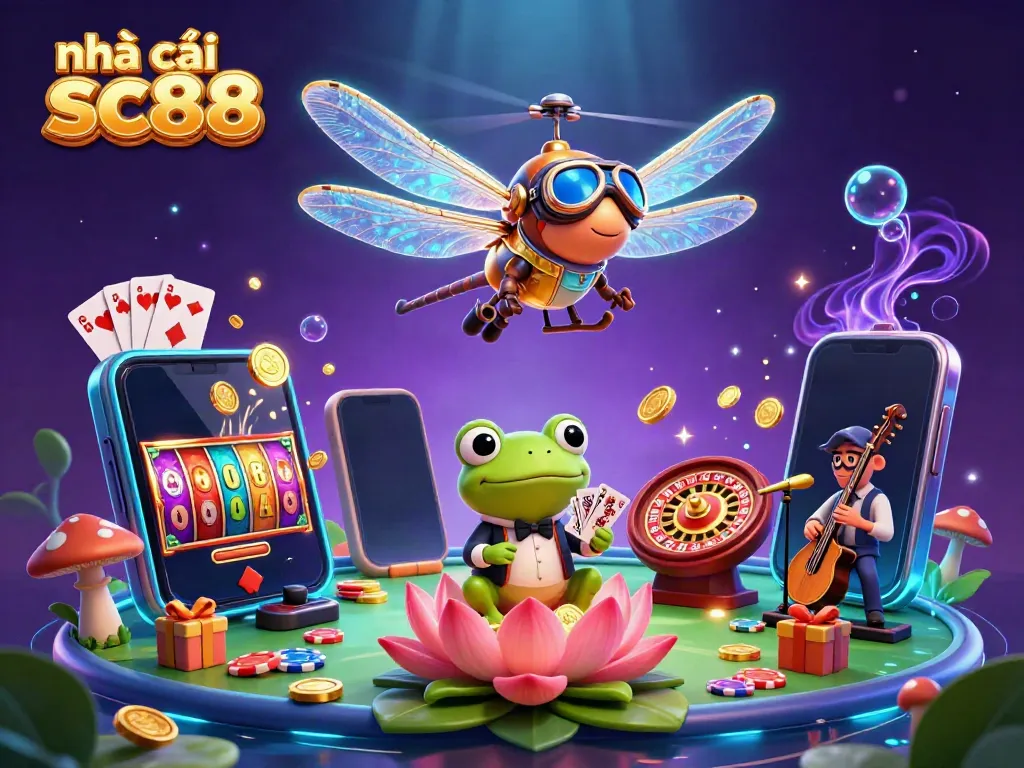 Experience the thrilling atmosphere of nhà cái sc88 with dynamic visuals of a casino scene featuring unique characters and lively elements.