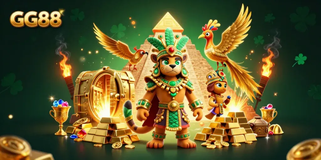 Engage with GG88's dynamic casino atmosphere, featuring a Mayan priest and treasure elements.
