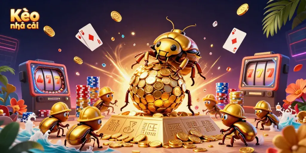 Experience Kèo nhà cái's dynamic casino scene with golden coins, beetles, and vibrant gaming elements.