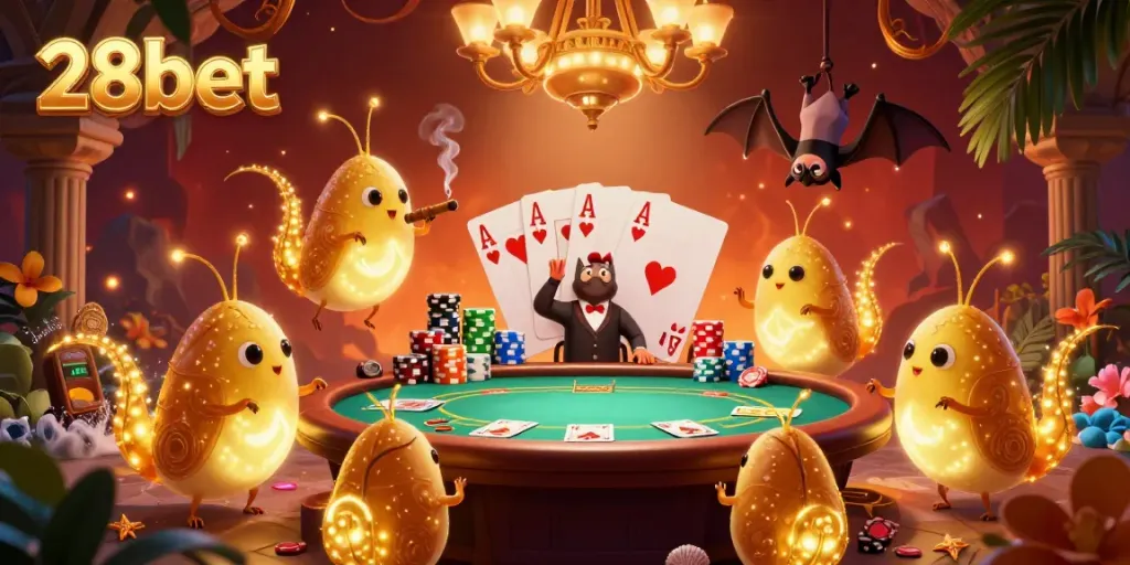 Experience the dazzling 28bet casino scene illuminated by glowworms with poker and vibrant game elements.