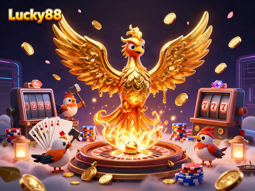 Experience the excitement at Lucky88 with a vibrant 3D casino scene filled with golden coins and gaming elements.