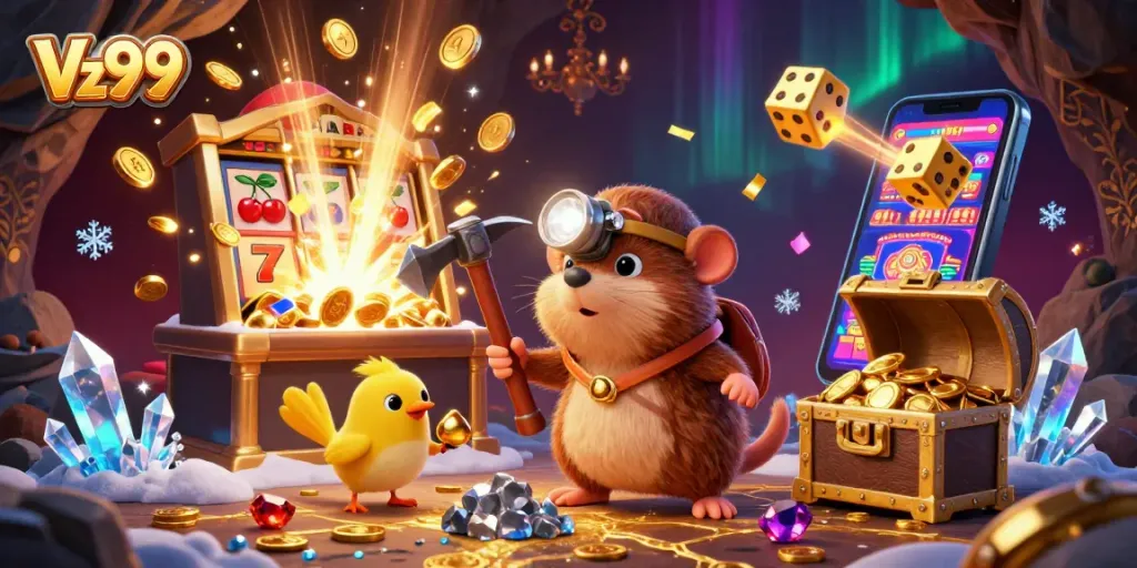 Experience jackpot excitement with Vz99's vibrant casino adventure illustration featuring treasure hunter elements.