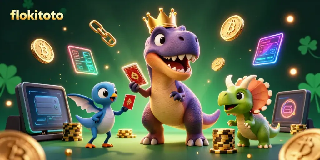 Experience the excitement of flokitoto in this vibrant casino scene with animated characters and crypto elements.