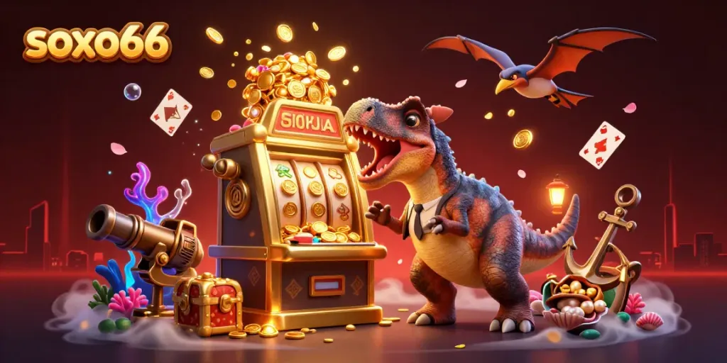 Experience the thrill of soxo66 with a dynamic scene of dinosaurs in a vibrant casino.