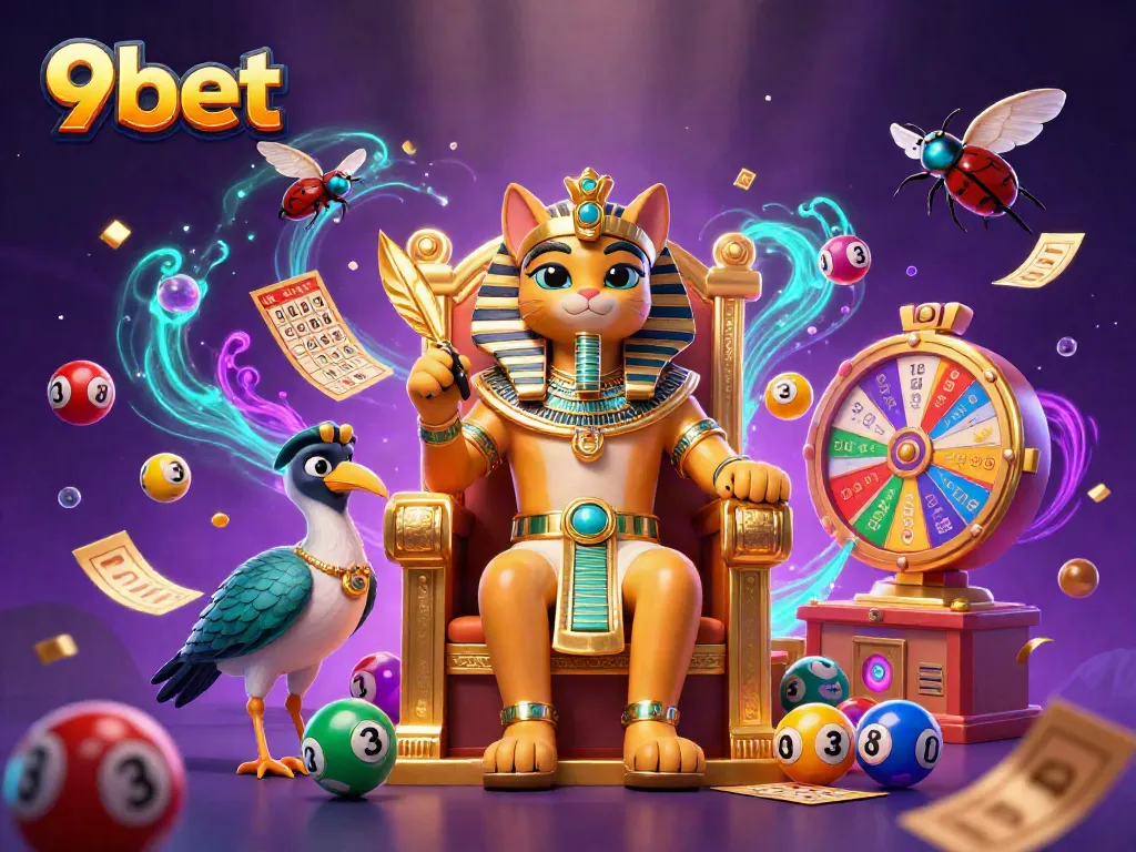 Engage in thrilling gaming with 9bet, featuring a vibrant scene of mythical characters and exciting lottery elements.