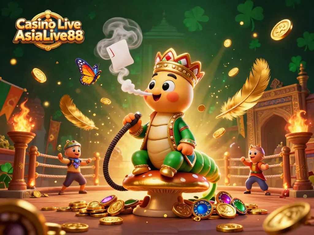 Engage in the vibrant Casino Live AsiaLive88 experience with abundant gold coins and festive characters in a lively casino scene.