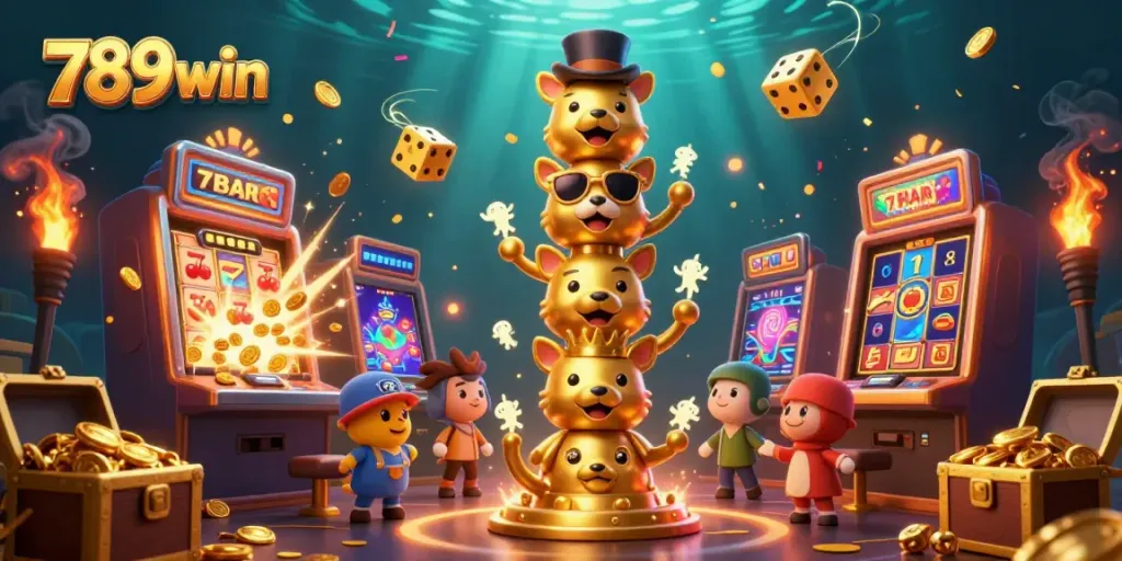 Engage with thrilling casino action at 789win, showcasing vibrant slot machines and spirited characters.
