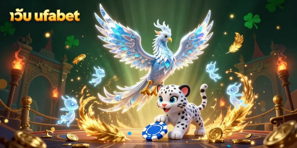 Join the excitement with เว็บ ufabet featuring a glorious ice phoenix and playful snow leopard in an enchanting casino scene.
