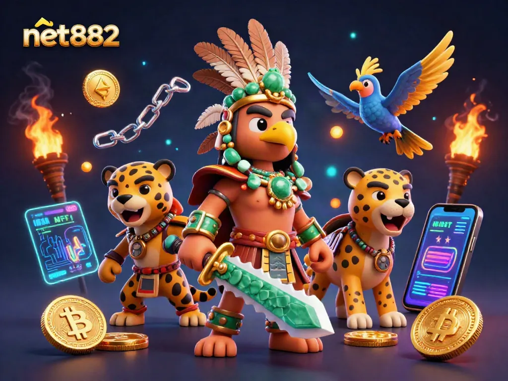 Engage in thrilling slots at net882 with vibrant Aztec warriors amid glowing cryptocurrency elements.