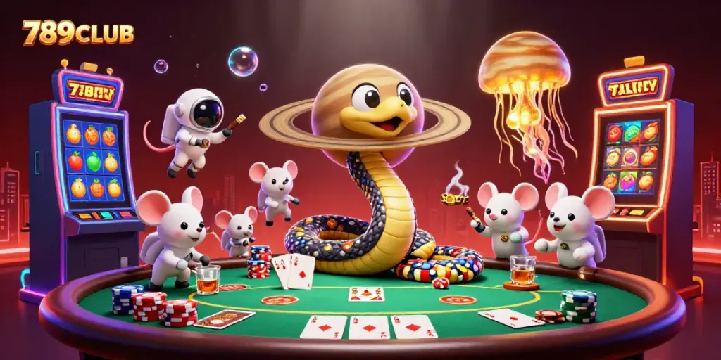 Strategically betting on Saturn's rings at 789CLUB with a cosmic dealer and vibrant game elements.