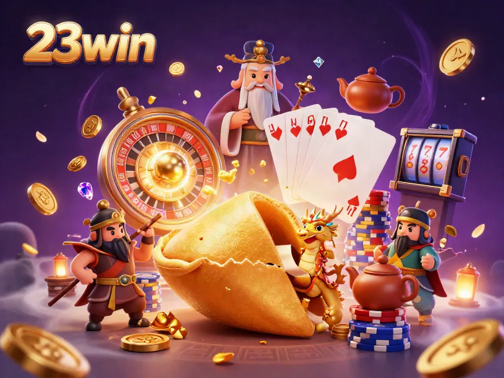 Win big with 23win's immersive casino experience featuring fortune cookies and golden dragons.