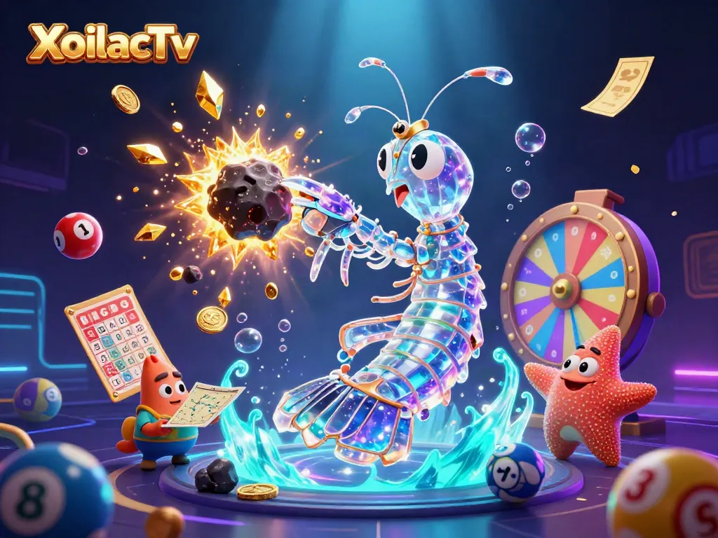 XoilacTv showcases a galactic samurai mantis shrimp battling an asteroid amidst colorful lottery elements, reflecting dynamic gaming action.
