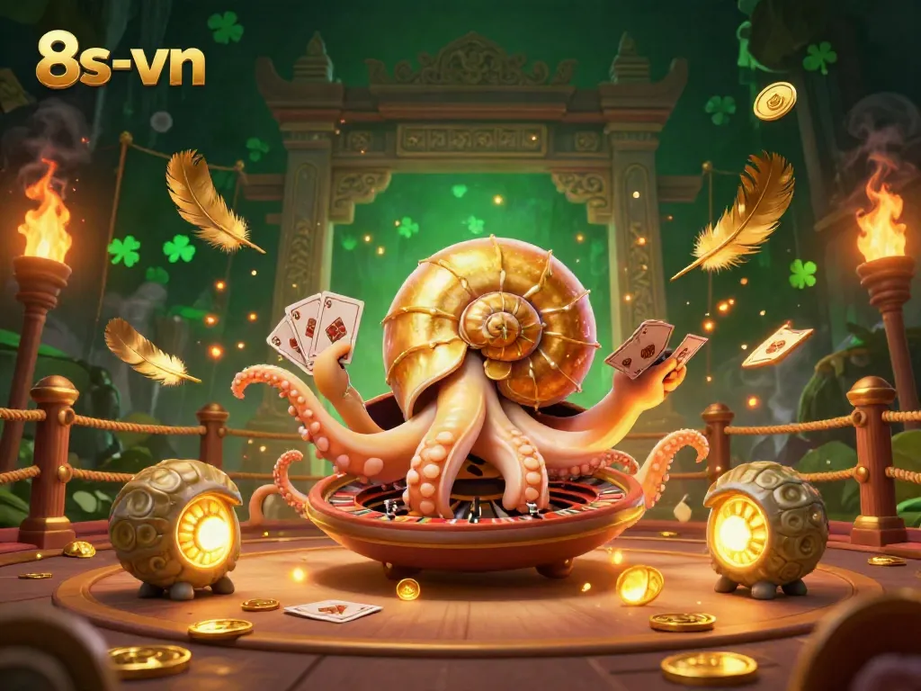 Win big with 8s-vn in an exciting casino scene featuring a giant nautilus holding cards.