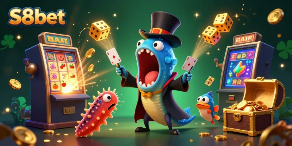 S8bet lottery scene with an illuminating gulper eel magician performing card tricks