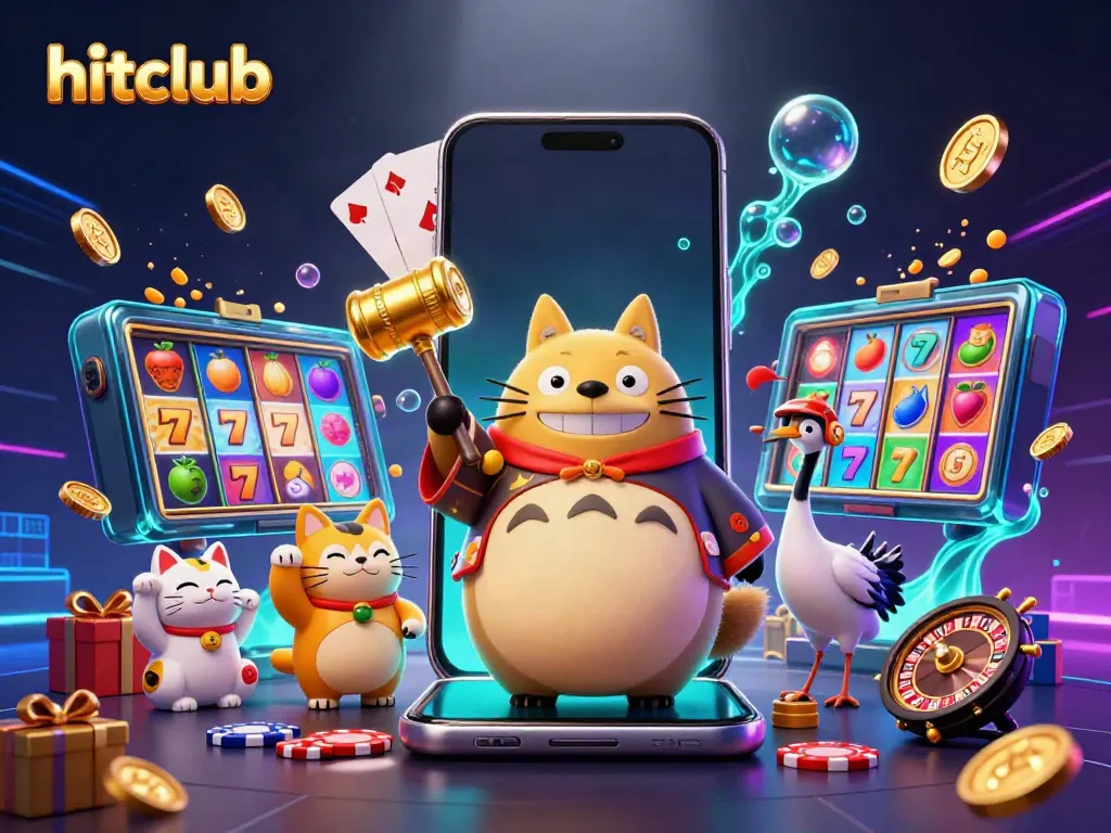 Engage with the hitclub at a vibrant casino scene featuring raccoon tanuki and lucky symbols.