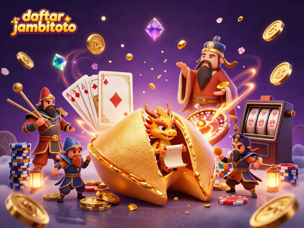 Join the excitement of daftar jambitoto as a giant fortune cookie and dragon unveil treasures at a vibrant casino scene.