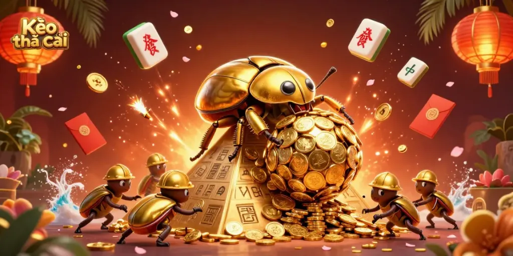 Engage with Kèo nhà cái as a golden dung beetle triumphantly rolls coins in a vibrant casino scene.