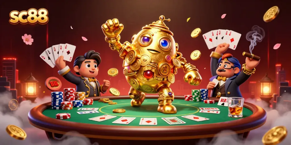 Có một golem bằng vàng và nhiều biểu tượng slot game tại SC88, cùng các chi tiết cá cược sống động.