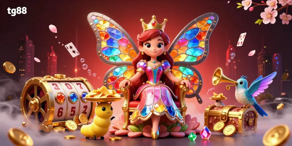 Engage with thrilling games at tg88, featuring a butterfly queen amidst treasures and vibrant gaming elements.