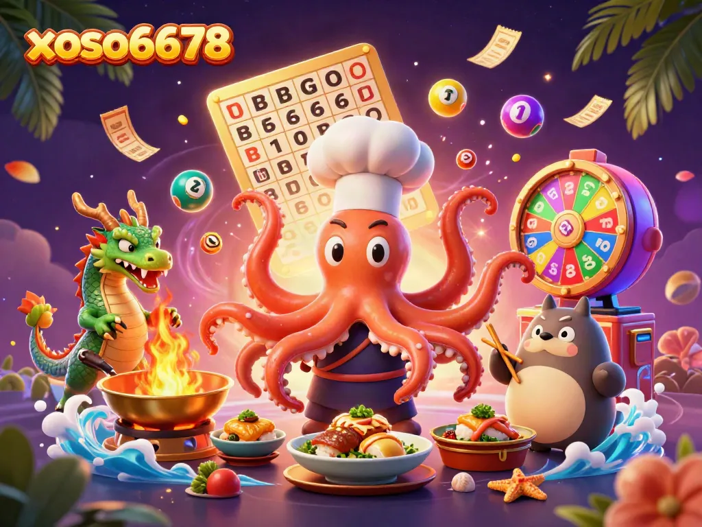 Win big with xoso6678 in a vibrant casino scene of animated characters and lottery excitement.
