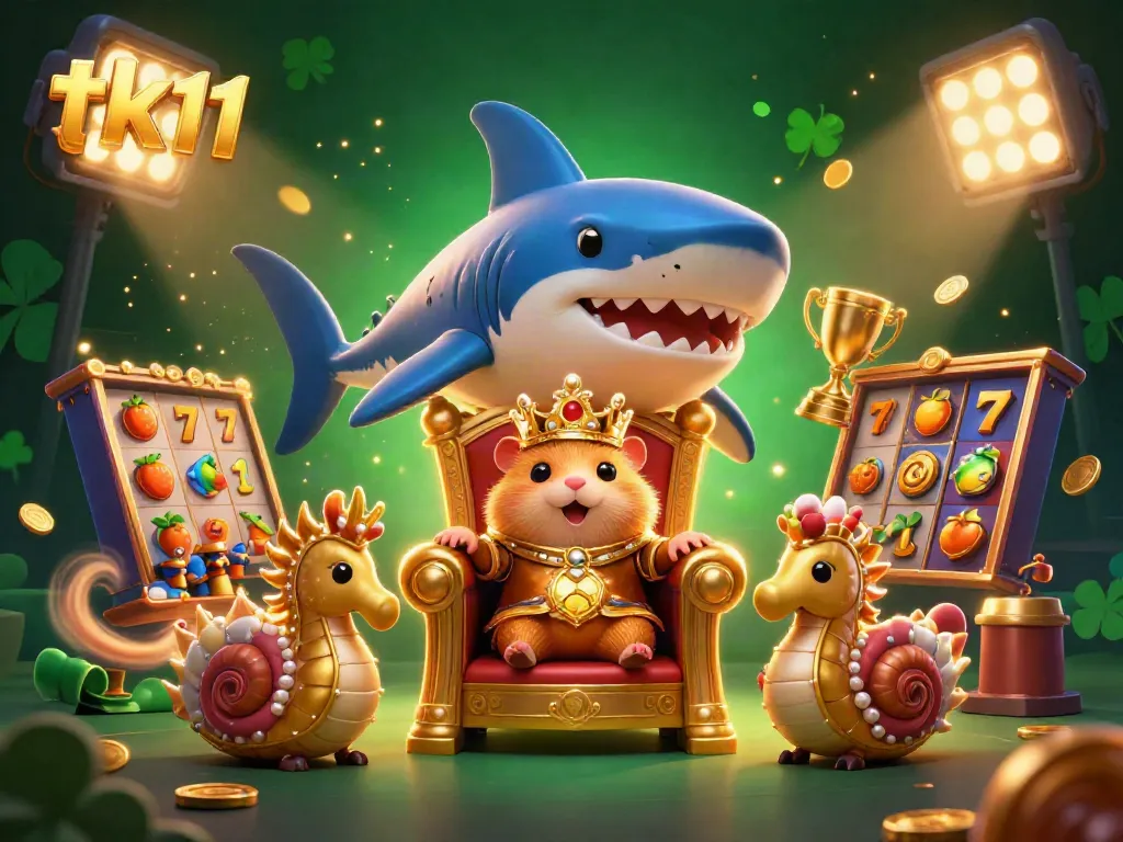 Celebrate wins with tk11 as a golden hamster king sits on a shark throne surrounded by slots elements.