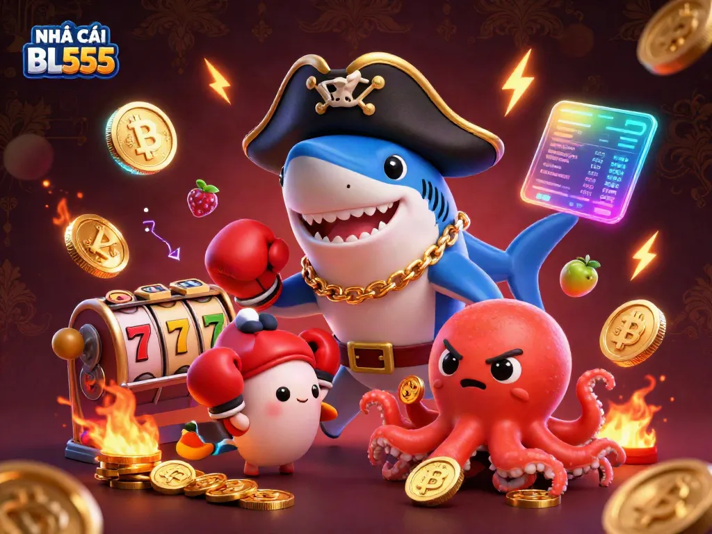 Play exciting games at NHÀ CÁI BL555 with a vibrant 3D illustration of a pirate shark, pufferfish, and octopus surrounded by colorful slots and coins.