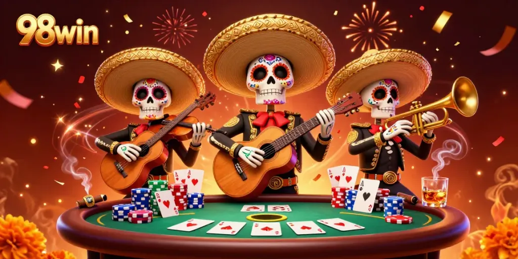 Join the festive 98win gaming scene with vibrant mariachi skeletons and poker elements.