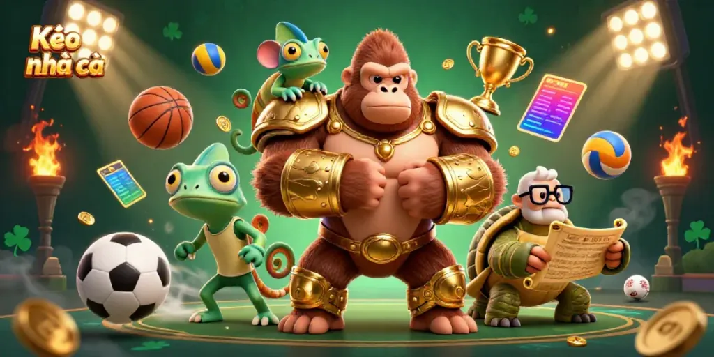 Engage with Kèo nhà cái through an immersive scene of gambling excitement featuring a king gorilla, a chameleon, and a tortoise amidst sports elements.