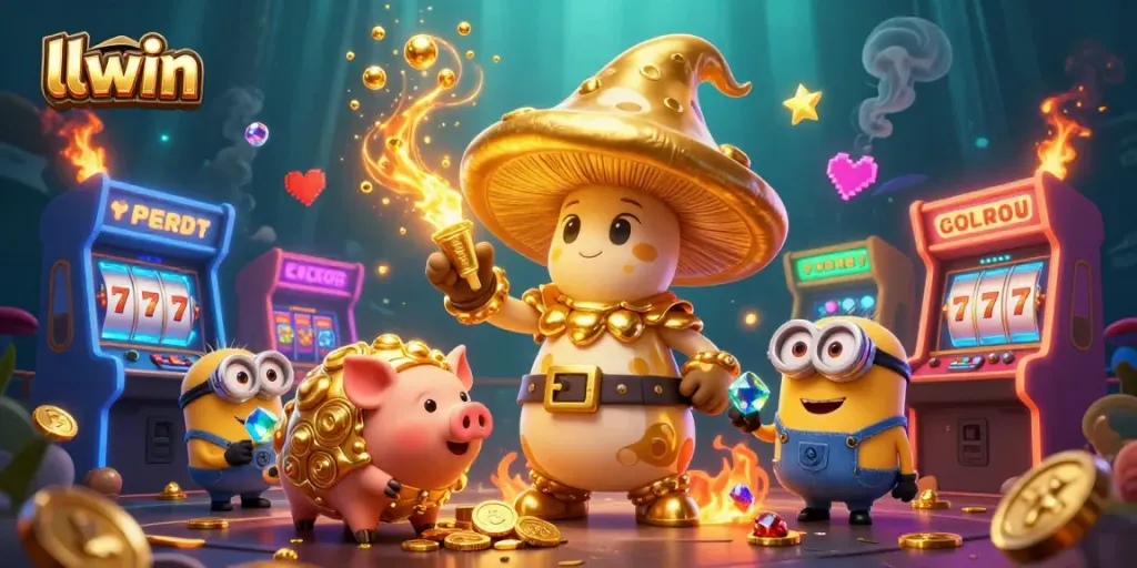 Experience the excitement of llwin with golden treasures and vibrant gaming elements in a fantasy casino scene.