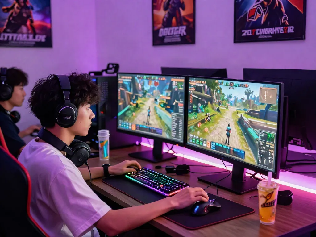 Gamer engaging with istana404 in a vibrant gaming setup showcasing dual monitors and colorful accessories.