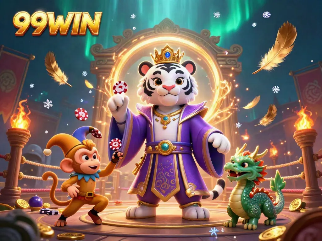 Engaging illustration of 99WIN featuring a white tiger, a golden monkey, and a jade dragon amid dynamic gambling elements.