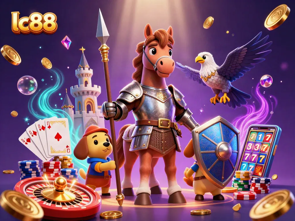 Win big with lc88 in this immersive 3D cartoon casino scene featuring knights and treasures!